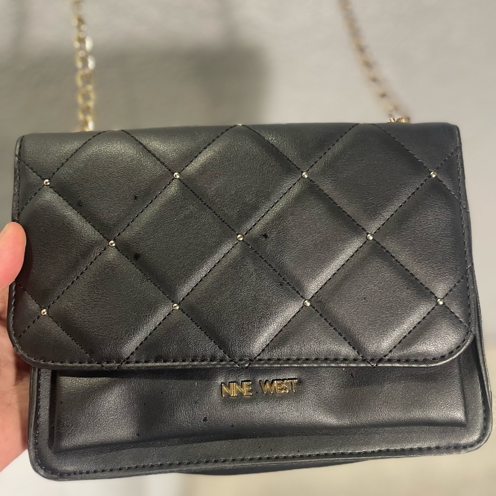 Nine West Black Quilted Crossbody Bag with Gold Chain